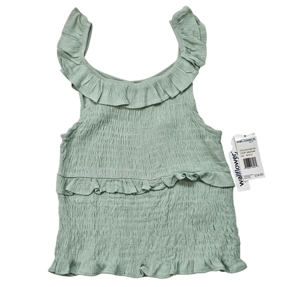 Wallflower Girl Smocked Ruffle Tank Top Aqua Foam Size M 10 12